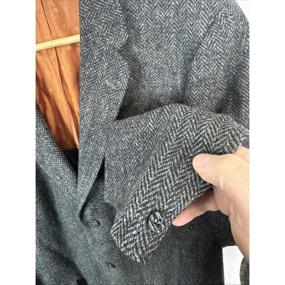 Vintage Harris Tweed Wool Hudson’s Bay Blazer Men 44L Tall Gray Herringbone - Picture 2 of 11
